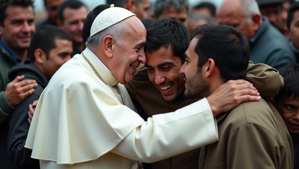 an image of pope francis embracing refugees